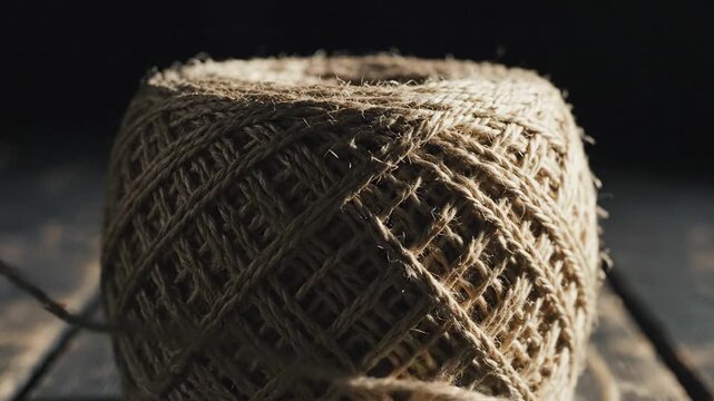 Close up textured ball of twine on rustic wooden surface with dramatic lighting