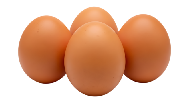 Four brown chicken eggs arranged closely together isolated on a transparent background brown egg