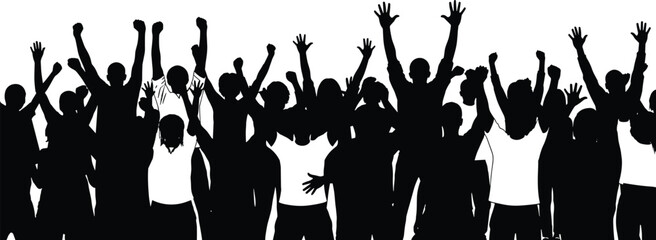 Large crowd of diverse people silhouette cheering loudly with raised hands, representing celebration, concert, political protest, football fans, or joyful crowd vector illustration.