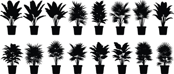 Large collection of tropical potted indoor and house plants silhouette vector set, exotic foliage, palm leaves, and decorative natural elements for modern home, office, and urban jungle design.