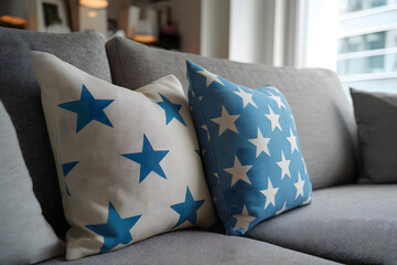Close-up of star pillows on a gray sofa in the living room