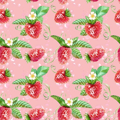 Seamless pattern with strawberries, green leaves, a small white flower, tendrils, and splashes of sweet strawberry juice. Watercolor illustration. Endless pattern for fabric, romantic wrapping paper