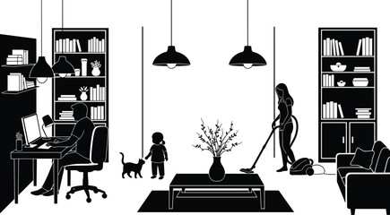 Modern home interior, multitasking family, working from home, vacuuming, parenting, silhouette illustration, domestic lifestyle, cozy living room, vector art