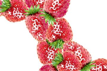 A horizontal frame of juicy strawberries. A red summer berry wreath. Hand drawn watercolor illustration. Copy space template for design cosmetics, fruit snacks, marmalade, candies, chewing gum, menu