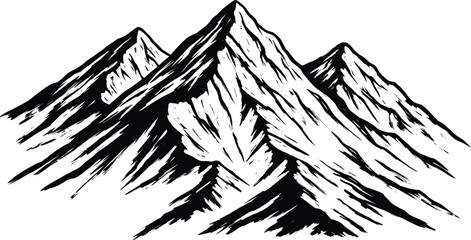 Rugged mountain range vector illustration with sharp peaks and rock textures, black and white drawing style, high altitude nature landscape graphic element for adventure and hiking concepts.
