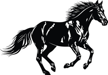Running horse silhouette, black and white vector, dynamic motion, flowing mane, muscular pose, animal power, equine elegance, wild spirit, illustration art