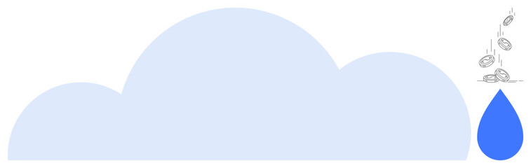 Large cloud releasing coins and water droplet symbolizing data transformation, resource allocation, digital storage, innovation, sustainability, and economic flow. Ideal for cloud computing, data