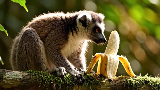 Curious Ring Tailed Lemur Discovers a Peeled Banana in the Jungle.