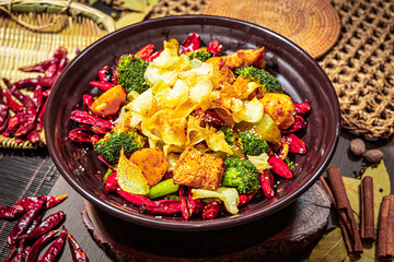A spicy stir-fry with tofu, potato chips, broccoli, and chili, served in a dark bowl with rustic spices.