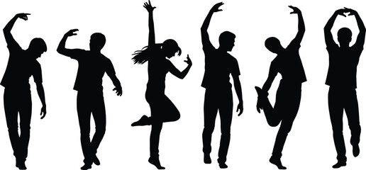 Set of active young people dancing black silhouette vector illustration, rhythmic movement, energetic poses, happy dancers, leisure party club entertainment, isolated on white background.