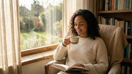 Serene Woman Reading a Book and Drinking Coffee by a Window with Sunlight