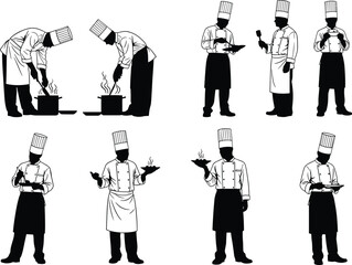 Set of chefs in various cooking poses black and white vector illustration, professional food preparation, kitchen work, restaurant service, culinary expert, isolated on white background.