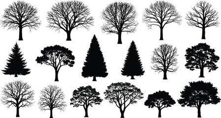 Set of Sixteen Black Vector Tree Silhouettes, Including Deciduous Trees with and without Leaves, and Evergreen Pine Trees, Ideal for Landscape Design, Nature Graphics, and Architectural Plans.