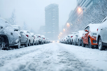 Snow-covered cars in a city parking lot during a snowfall