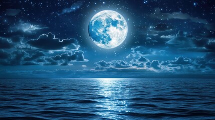 Full moon over calm ocean at night, starry sky background, for fantasy or serenity