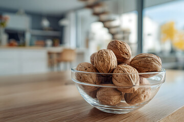 Walnuts in a glass bowl on a blurred background of a modern kitchen