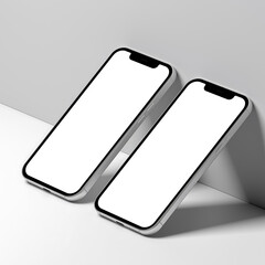 A clean, minimalist scene showing two modern mobile devices with blank white screens, ideal for application mockups and user interface presentations. A 3D digital rendering