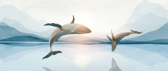 Minimalistic landscape art background with mountains and ocean with whales in cool tones with watercolor texture. A natural banner for decor, prints, wallpaper, packaging, and interiors.