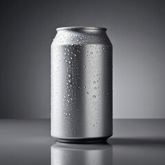 A cold silver aluminum beverage can covered in condensation, a blank template for drink branding on a sleek reflective gray background