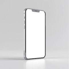 High-quality digital render of a modern smartphone with a blank white screen, presented in a perspective view on a clean, minimalistic background for mockups