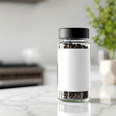 Glass jar of whole black peppercorns with a blank white label for product mockup, presented on a modern marble kitchen countertop