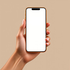Woman's hand holding a modern smartphone with a blank white screen for mockup purposes, isolated on a clean, neutral beige background