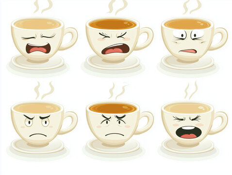 Cartoon coffee cups expressing various negative emotions