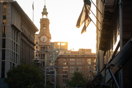 City clock tower at sunset
