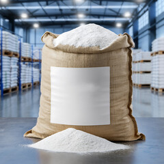 An open burlap sack filled with a fine white powder, featuring a blank label for custom branding, situated in a large warehouse facility