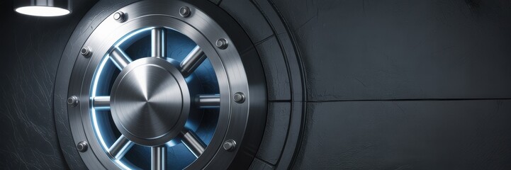 Futuristic bank vault door in dark steel interior with blue light secure finance concept high security background panoramic copy space