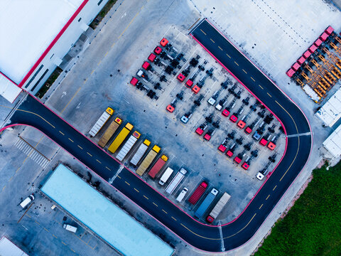 Aerial View of Logistics Park Vehicle Parking and Road Layout
