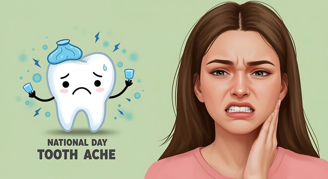 Cartoon Tooth with Ice Pack and Woman Grimacing in Pain for National Toothache Day image photo - Powered by Adobe