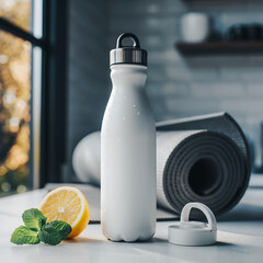 A white reusable water bottle with fresh lemon and mint leaves on a table, with a rolled-up yoga mat in the background for a healthy lifestyle concept