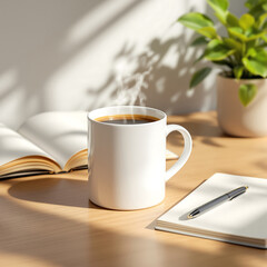 A quiet morning scene with a steaming white mug of hot coffee on a wooden desk next to an open journal and book in soft sunlight