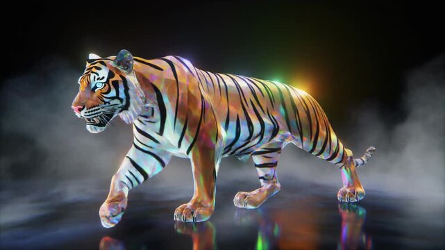 A crystal tiger emerging from swirling mist