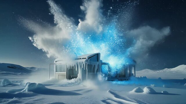 Frozen tundra research station erupts with blue white explosion