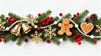 Christmas decoration featuring gingerbread cookies, bells, pine branches, berries, and snowflakes
