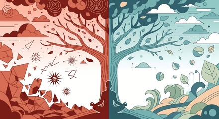 Silhouette in meditation positioned between abstract chaotic landscape and abstract calm landscape. Symmetrical digital illustration. Mindfulness and balance concept