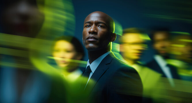 Confident African American businessman in focus as neon green streaks cut through a moving corporate crowd