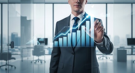 Business Leader Showcasing Growth Statistics and Financial Data with Impressive Visualization