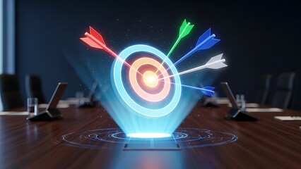 Strategic business goals: multiple arrows hitting glowing target