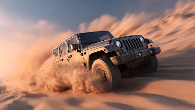 Experience the thrill of off-roading adventure with a powerful SUV conquering vast desert dunes, dust billowing, freedom and excitement on the horizon