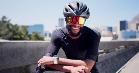 Cyclist, bike and face of man in city for triathlon training, fitness and sports. Cardio challenge, wellness and cycling athlete with person outdoor for exercise, health and race commitment - Powered by Adobe