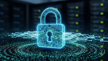 Digital padlock on circuit board, data security in server room