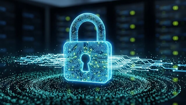 Digital padlock on circuit board, data security in server room