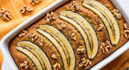 Delicious homemade banana bread loaf topped with fresh banana slices and walnuts in a white baking dish