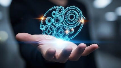 Hand presenting glowing digital gears and process automation system