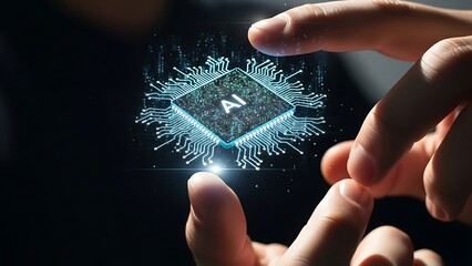 Human hand touching glowing artificial intelligence microchip