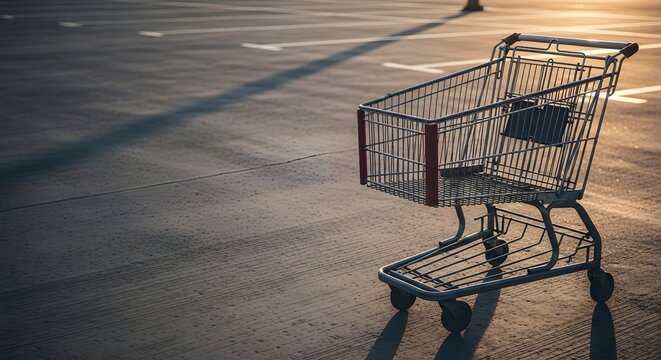 Empty shopping cart stands abandoned in a deserted parking lot at golden hour for retail consumerism concept and economic pause