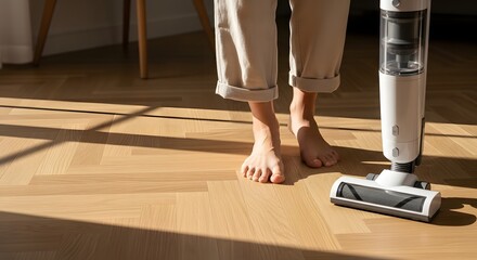 Bare feet standing on a light wooden floor beside a modern cordless vacuum cleaner for efficient home cleaning concept with natural sunlight